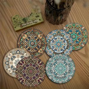 4PC 2D Retro Ma-rốc Mandala Bộ Đế Lót Ly Bằng Gỗ Thân Thiện Với Môi Trường Cà Phê Nóng Bảo Vệ Cốc Cho Nhà Bếp Phòng Ăn Trang Trí Tiệc