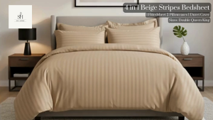 SevHome Hotel Quality 4 in 1 Plain Beige Stripes Bedsheet Sets | Cotton 400 Thread Count | Beddings Bed sheet set with 1 Fitted Sheet with Garter 1 Duvet Comforter Quilt Cover 2 Pillow case | Size Double Queen King