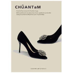 Elegant Black Flower Pointed Toe High Heels Womens Fine Heel Party Shoes Commute Style Diamond Element Sheepskin Interior