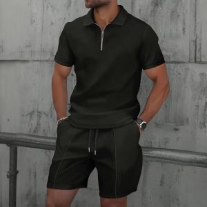Mens 2026 Summer Casual Waffle Two-Piece Set Zippered Short Sleeve Top with Plain Color Shorts Versatile Daily Wear