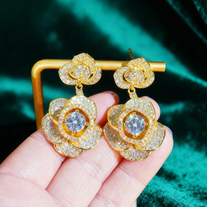 SEQUITO High Quality Women Ear Jewelry Gold Color Pave Setting White AAAAA Zirconia Flower Long Drop Earrings SE1012