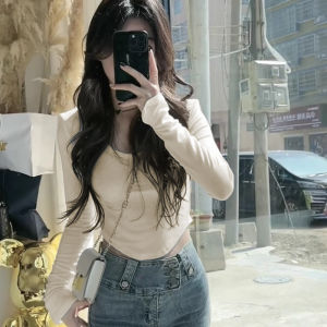 Áo Thun Nữ Tay Dài Cổ Chữ U Cạp Cao Ôm Vừa Vặn Mùa Xuân Thu Thường Ngày Cotton Nguyên Chất Phong Cách Ngọt Ngào Không Đối Xứng