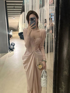 Elegant V-Neck Knitted Cardigan for Women in Soft Pink Silk Satin with Bow Design French Style Long Dress with Off-Shoulder Skirt