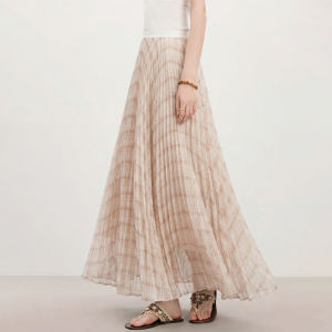 Pleated High Waist Slimming Plaid Versatile A-Line Maxi Skirt