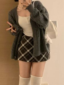 High Waist Plaid Woolen Mini Skirt Women plus Size Anti-Light Checkered A-Line Short Skirts Korean Style Commute Pure Color