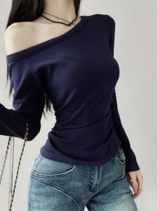 Blue Long Sleeve Slim Fit T-Shirt Womens Initial Autumn Korean Design Sense Base Layer Shirt Top Commute Style Pure Color