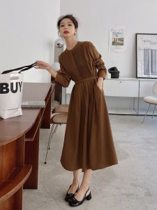 Burgundy Vintage Skirt High Waist A-Line Midi Dress Korean Style Long Sleeve round Neck Pure Color Commute Autumn New Arrival