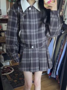 Gingham Pleated Skirt Suit Womens Fall and Winter New Arrival American Retro Preppy Style Daily Work Clothing Skirt Jacket
