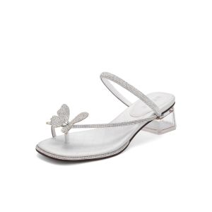 รองเท้าส้นสูง Belle Butterfly Knot ประดับเพชรสำหรับผู้หญิง รองเท้าแตะกลางแจ้ง ฤดูร้อน 2024 สวมใส่สบาย เหมาะกับทุกวัย