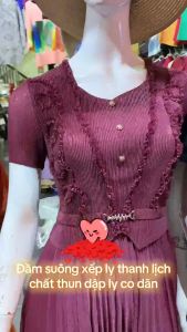 Đầm suông xếp ly thanh lịch chất thun dập ly co dãn