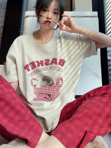 Cute Cartoon Pure Cotton Sleepwear Short Sleeve Hooded Thin Summer Home Clothes Set for Women Breathable Long Pants Nightgown