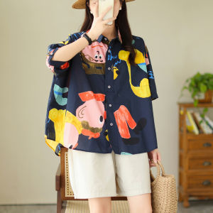 Doodle Print Doll Shirt Womens Loose Fit Short Sleeve Top Summer 2025 Commute Style Artistic Batwing Sleeve Regular Length