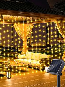 1 Pack 300 LED Solar Curtain Light Outdoor 8Modes Fairy Lights IP44 WaterproofGarden Wall Christmas Decor 9.8Ftx9.8Ft