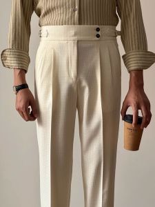 สูง เอว ขาตรง ลำลอง กางเกงขายาว Double Pleat คุณภาพสูง Neapolitan สีพีชอ่อน ชุดกึ่งทางการ เสื้อผ้าผู้ชาย