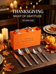 5‑Pcs Vertical Grain 420/304 Stainless Steel Cutlery Set Thanksgiving Gift Box Rust‑Resistant Spoon Fork Knife