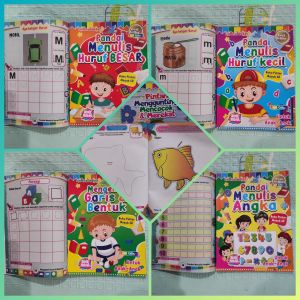 Paket isi 5 Buku Persiapan Masuk Sd - Pandai Menulis Angka Menulis Huruf Mengenal Garis Bentuk Menggunting Merekat - Full Colour