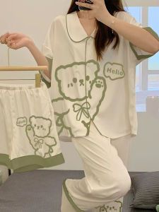 ชุดนอนผ้าไหมน้ำแข็งฤดูร้อนสำหรับผู้หญิง ชุดนอนแขนสั้นบาง น่ารัก ฤดูใบไม้ผลิและฤดูร้อน ชุดนอนในบ้าน ชุดนอนผ้าไหมน้ำแข็ง