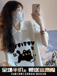 Pure Cotton Vintage Polo Neck Short Sleeve T-Shirt Women Loose Summer High School Students Top Casual Daily Wear Cotton Tee