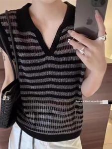 YUEZHONGWEI | Color Block Hollow Out Slim Fit Polo Shirt Summer Short Sleeve T-Shirt Knitted Ice Silk Womens Fashion Casual Commute Style