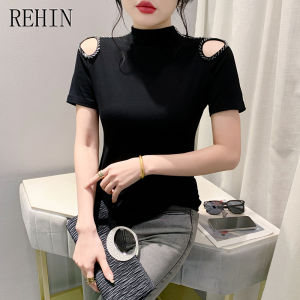 REHIN Half high neck hollow handmade bead splicing short-sleeved t-shirt fashion Slim bottoming shirt trendy women blouse