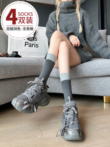 ถุงเท้าผู้หญิงครึ่งแข้งสีเทา ทรงเรขาคณิต ทรงพอดีตัว ผลิตจากผ้าฝ้ายผสมยางและไนลอน ระบายอากาศได้ดี สวมใส่สบาย สำหรับฤดูใบไม้ผลิและฤดูใบไม้ร่วง