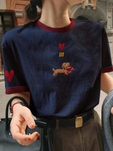 Áo Thun Cotton Tay Ngắn in Họa Tiết Mùa Hè Cho Nữ Dáng Rộng Cổ Tròn Tay Lửng Phong Cách Hàn Quốc Mặc Đi Làm