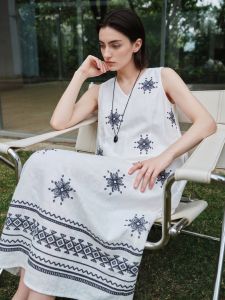 Basic House | White Linen Printed Sleeveless Dress