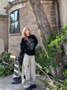 Creative Floral Print American Style Pure Cotton Black Long Sleeve Womens T-shirt Spring Autumn Loose Feminine Top Shirts