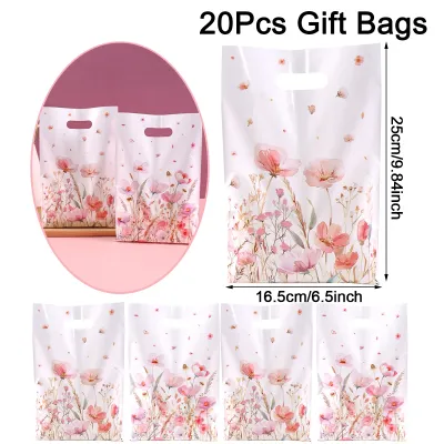 10/20/50pcs Spring Wildflowers Plastic Gift Bags Floral Grass Butterfly Design Handheld Bag for Wedding Mothers Day Birthday