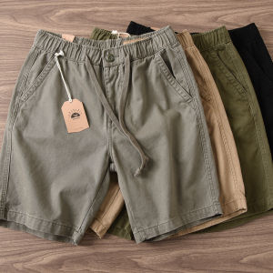 Summer Mens Vintage Workwear Short Pants Washed Elastic Waist Sports Style Five-Quarter Length Straight Leg Casual Trousers