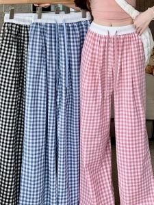 Womens High Waist Plaid Wide Leg Pants Drawstring Casual Trousers Commute Style Loose Fit Long Straight Tube Pants