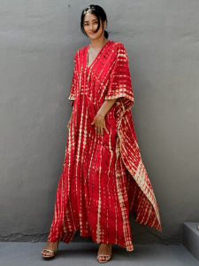 2025 New Style Bohemian Long Vintage Tie Dye Beach Dress Desert Vacation Skirt Floral Print V Neck High Waist Short Sleeve