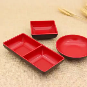 5pcs Red and Black Round Sauce Dishes Food Dipping Bowls Melamine Seasoning Dish Saucer Plates