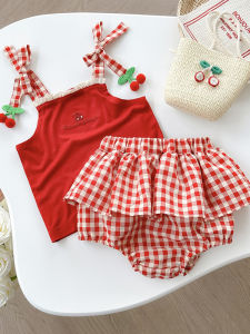 ชุดเดรสฤดูร้อนสำหรับเด็กผู้หญิงสไตล์เกาหลี ชุดสามชิ้น แขนกุด ผ้าฝ้ายบาง สีแดง ลายส้ม น่ารัก ชุดเด็ก เสื้อผ้าเด็ก
