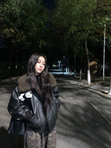 Thickened Fluffy Collar Cotton Jacket Womens Winter New Style Versatile High-grade Warm Cotton Clothes Retro Splicing Leather Coat