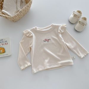 Girls Long Sleeve Embroidered Base Shirt 2025 Autumn Style Childrens Fashionable T-shirt Korean Version round Neck Pure Color