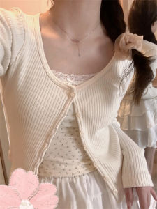 เสื้อคาร์ดิแกนถักแขนยาวทรงสลิมฟิตสำหรับผู้หญิง เสื้อคลุมกันหนาวสไตล์อเมริกัน ผ้าฝ้าย นุ่ม สวมใส่สบาย แขนยาว สั้น ปกติ