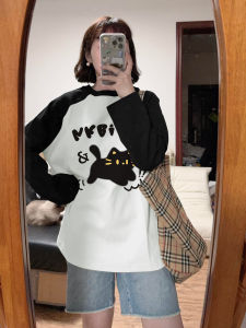 Cat Pattern Long Sleeve T-Shirt Womens Base Shirt Shoulder Insert Style Color Block Casual Loose Fit Comfortable Cotton Top