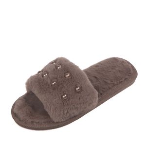 Khaki Furry Slippers Womens Autumn Winter Outdoor Wear Pregnant Lazy Office Indoor Home Pearl Furry Cotton Slippers