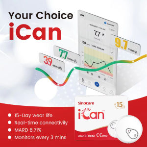 iCan Sinocare Non-invasive Glucometer Complete Set Continuous Glucose Monitoring (CGM) System Blood Sugar Monitoring Device 24h x 15Days Real-time Dynamic for Diabetes Management with APP Blood Glucose Monitor