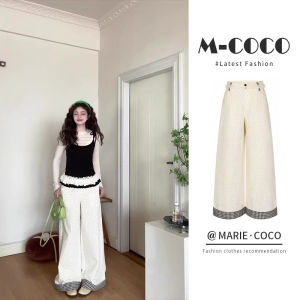 Quần Ống Rộng Thường Ngày Cho Nữ Cạp Cao Ống Đứng Dài Đến Sàn Kẻ Caro Trắng Đen Quần Ống Rộng Mùa Xuân 2025