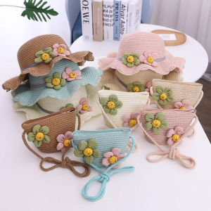 หมวกชาวประมงกันแดดเด็กฤดูร้อนริมทะเลระบายอากาศเด็กผ้าดอกไม้หมวกฟางกระเป๋าสาวชายหาดหมวกกันแดด