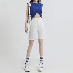 QIANCHANGNAAI | Retro High Waist Loose Slim Straight Denim Shorts
