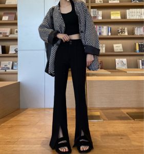 High Waist Black Slashed Micro Flared PantsWomensSpring SummerNew StyleDraping feelingLoud Fashion Floor Length Pants