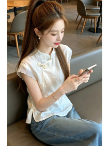 Shalldoer | Traditional Chinese Style Stand Collar Sleeveless Womens White Shirt