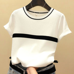 Brand Discount Womens Clothing Brand Counter Withdraw Cut Label Contrast Color Knitwear Short Sleeve T-Shirt Female Summer Loose White Tops Female