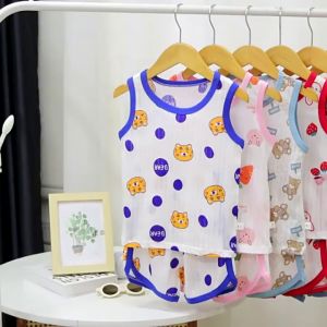 2024ใหม่ชุดเสื้อกั๊กเด็กฤดูร้อนกางเกงขาสั้นผ้าฝ้ายเด็กหญิงชุดนอนเด็กเกาหลีเด็กชายแขนกุดเสื้อผ้าเด็ก