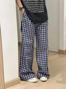 Quần Ống Đứng Kẻ Caro Phong Cách Lười Biếng Màu Xanh Lam Cho Nam Mùa Hè Quần Dài Ống Rộng Thoải Mái Thoáng Khí Quần Dài Thường Ngày