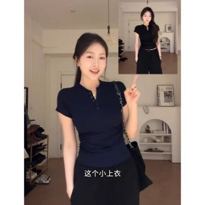 Navy Blue Shoulder V-neck Short Sleeve T-Shirt Womens Summer Stylish Niche Style Silm Short T-shirt Flying Sleeve Top Clothes