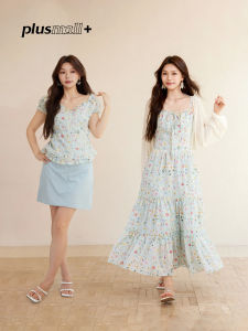 plusmall | Summer Small Floral Pattern Peplum Sleeve Top/Tulle Skirt and Straight Half Skirt